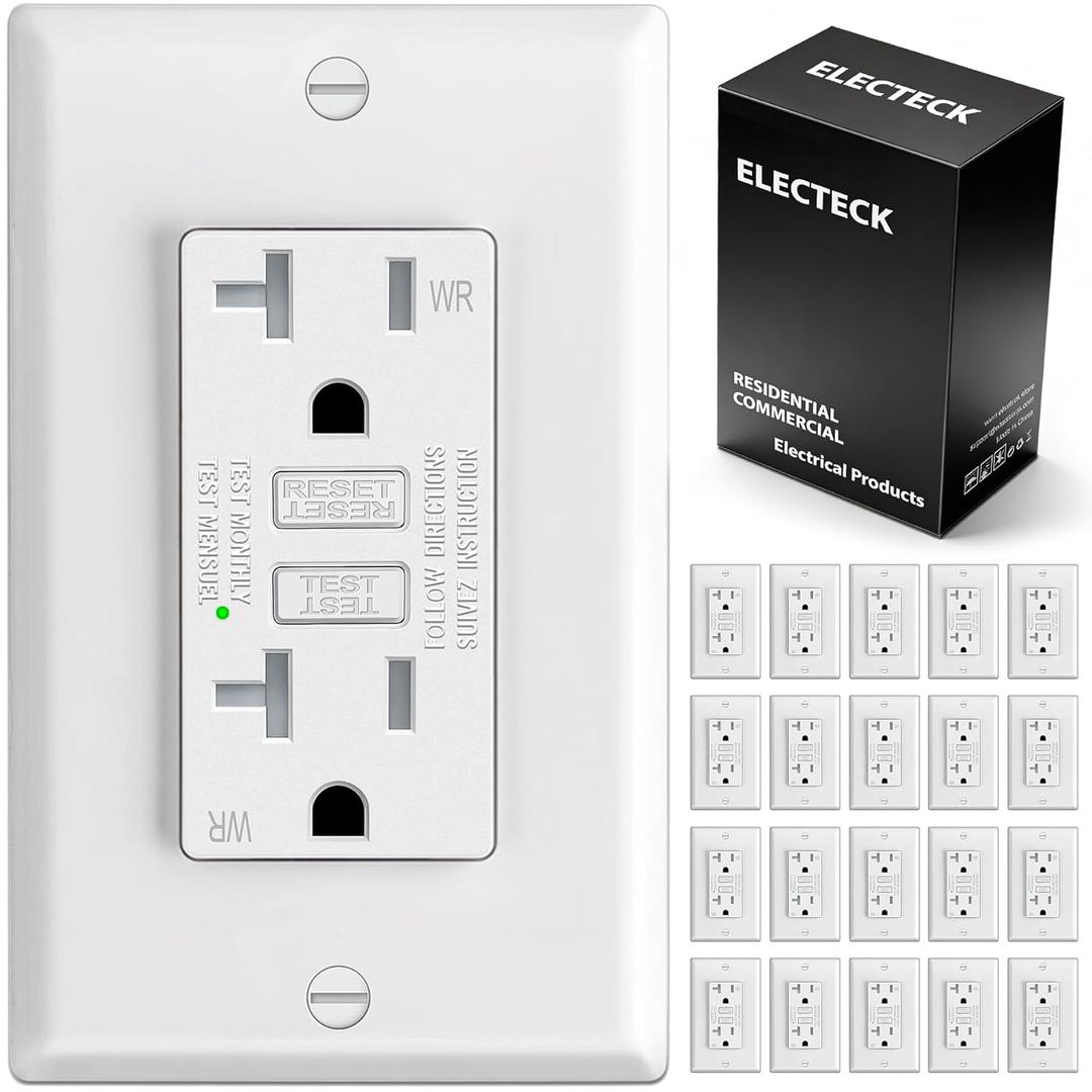 ELECTECK 20 Pack GFCI Outlet 20 Amp, Outdoor Weather Resistant (WR), Ultra Slim GFI Receptacles with LED Indicator, Ground Fault Circuit Interrupter, Wallplate Included, ETL Listed, White