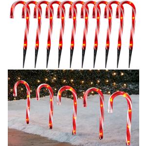 Christmas Candy Cane Lights Outdoor Pathway -10 Pack Lighted Candy Cane Pathway Markers Lights Walkway, 10 inch Candycane Christmas Sidewalk Outdoor for Yard Lawn Decorations