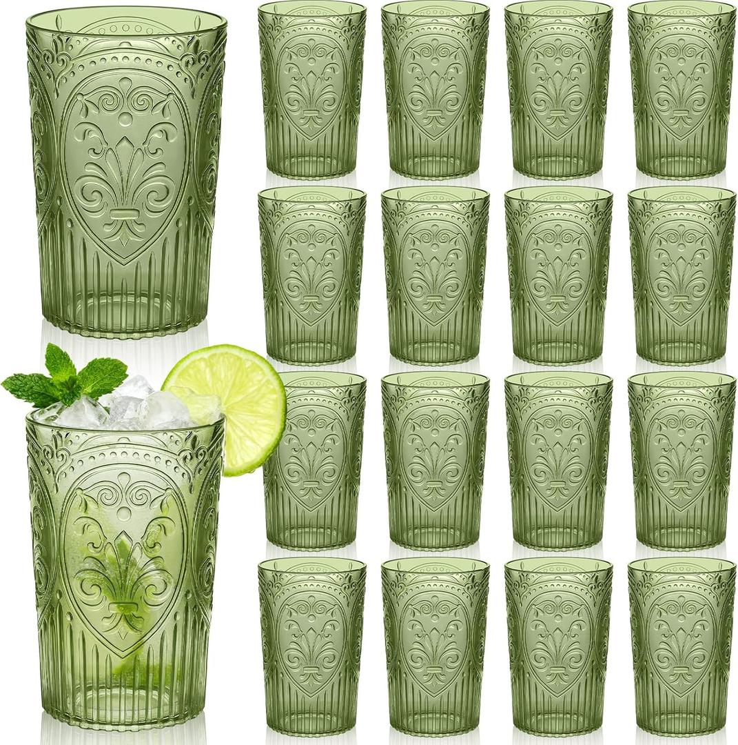 Plastic Vintage Drinking Glasses - 16 oz Stemless Ribbed Highball Glasses Bulk Embossed Reusable Cups for Water Beer Cocktails Juice Wedding Bridal Shower Birthday Event Party(Green,24 Pcs)