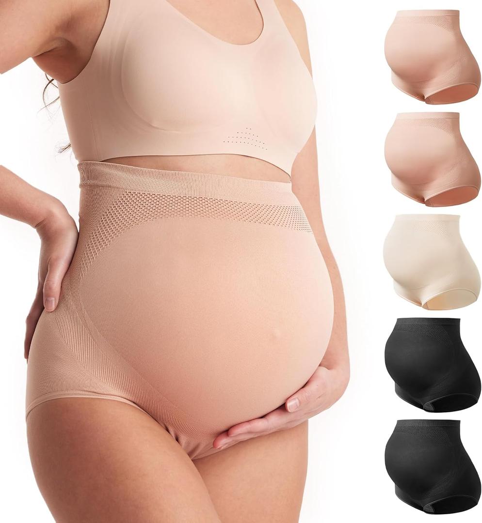 Momcozy Women's Maternity High Waist Underwear Pregnancy Soft Seamless Maternity Underwear Over Bump (Large, 2black,2pink,almond-5pk)