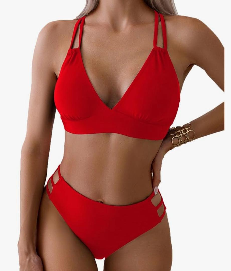 Tainehs Women's Push Up V Neck Bikini Sets Criss Cross Back Two Piece Bathing Suit Red, Medium