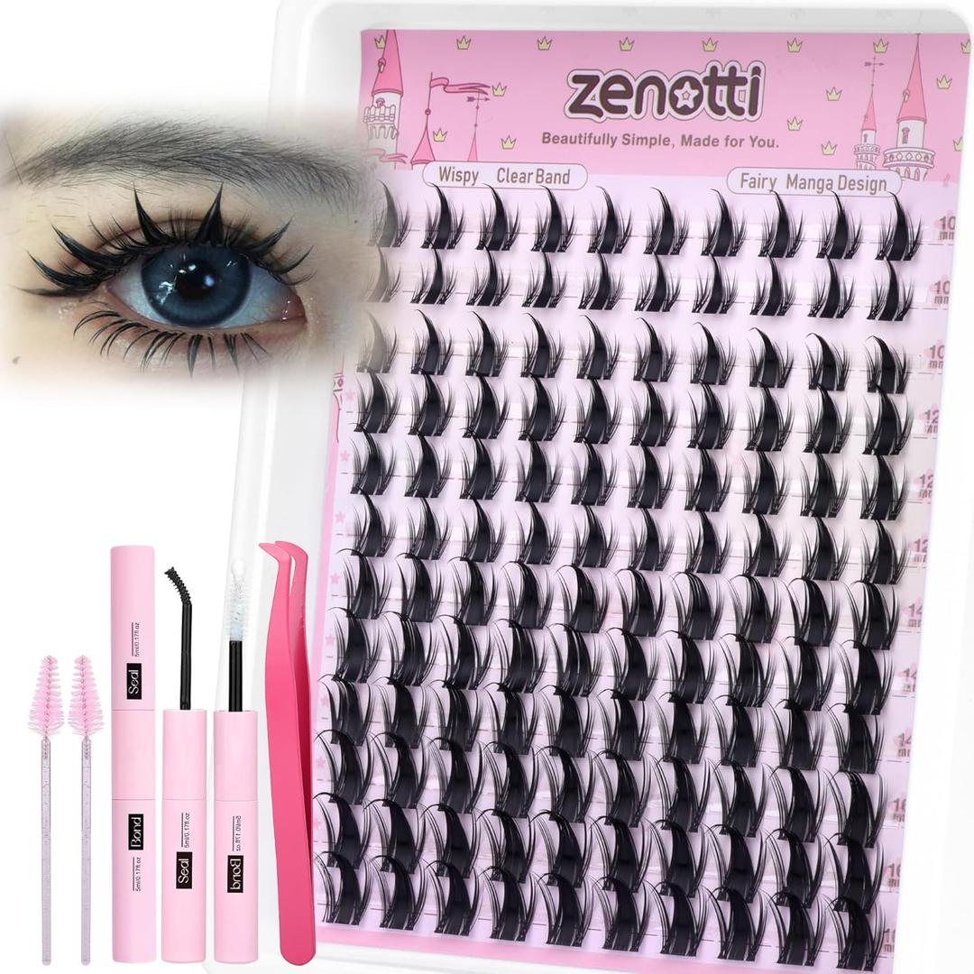 Manga Lash Clusters Kit Anime Lashes Cluster Kit Natural Wispy Eyelash Clusters Kit Spiky Fairy Individual Lashes Cluster with Spikes Invisible Clear Band DIY at Home 10-16MM by zenotti