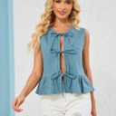 Denim Tops for Women Jean Vest Top Sleeveless V Neck Waistcoats Suit Denim Vest Bow Tie Front Peplum Crop Tank Tops (Small, 01-light Blue)