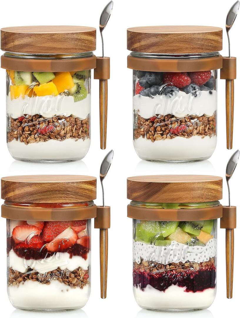 4 Pack Overnight Oats Containers with Wooden Lids and Spoons, 16oz Glass Mason Overnight Oats Jars with Lids, Large Capacity Airtight Jars for Milk, Cereal, Fruit