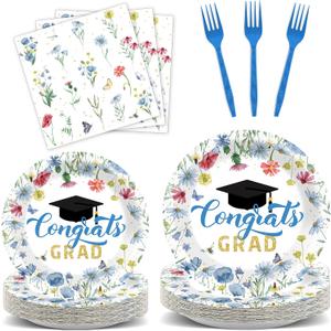 96Pcs Blue Wildflower Graduation Party Decorations 2026 Congrats Grad Floral Paper Plates Napkins Flower Class of 2026 Disposable Tableware Set for College High School Grad Party Supplies Serves 24