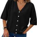 Saodimallsu Womens Half Short Sleeve Cardigans Summer Lightweight Knit V Neck Button Down Casual Sweater Tops (Large, Black)