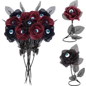 MTLEE 12 Pieces Halloween Eyeball Flowers Artificial Silk Roses Flowers Faux Eyeballs Rose Gothic Rose Bushes for Halloween Party Home Decorations(Black, Red)