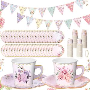 Umigy 98 Pcs Tea Party Decorations 26 ft Floral Paper Bunting 6.5 oz Floral Paper Coffee Cups with Handle and Saucers Blossom Disposable Tea Sets with Tape for Wedding Birthday(Stylish)
