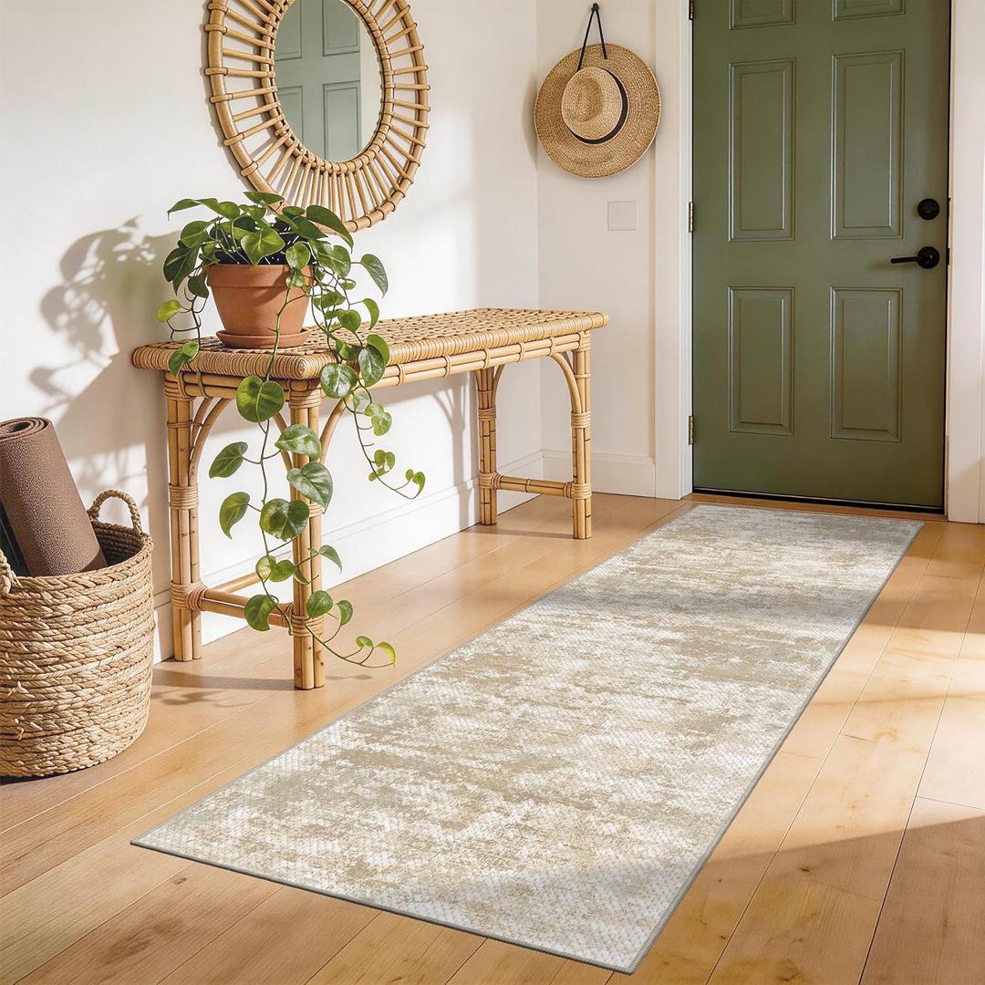 Abstract Washable Runner Rug 2x6, Hallway Rug Non-Slip, Woven Non-Shedding Thin Runners for Entryway, Kitchen, Laundry Room, Beige&Yellow