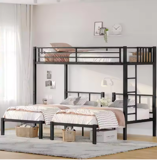 Triple Bunk Bed: Twin XL Over Twin and Twin Metal Bunk Beds in Black Color - Space-Saving Design for Kids' Bedroom,  Package size: Sub item 1 W1580P287773 Package Quantity: 1 92.52*14.17*4.33 IN. 59.75lbs, Sub-Item 2: W1580P287770 Package Quantity: 1 44.88*15.94*6.89 in.