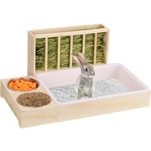 3 in 1 Rabbit Litter Box with Hay Feeder and Bowls - Wooden Rabbit Hay Feeder for Guinea Pig, Hamster, Small Animals (Basic model)