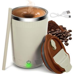 Self Stirring Coffee Mug: 13oz Magnetic Self Stirring Cup with Lid - Rechargeable Stainless Steel Electric Mixing Mug with Silicone Straw for Milk/Cocoa/Office/Kitchen/Travel Perfect Gifts