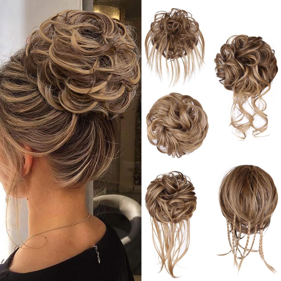 5 PCS Messy Bun Hair Piece for Women Scrunchies Ponytail Extension with Elastic Rubber Band Hair Pieces for Updos Fake Hair Buns Hair Piece Accessories Set for Women (Light Ash Brown Mixed Golden Brown)