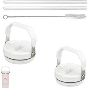 2Pack Replacement Tumbler Lid Fit for Stanley IceFlow 30 oz(Only) Flip Straw Lid, with 2Pcs Reusable Straws,1Pcs Cleaning Brush (White)