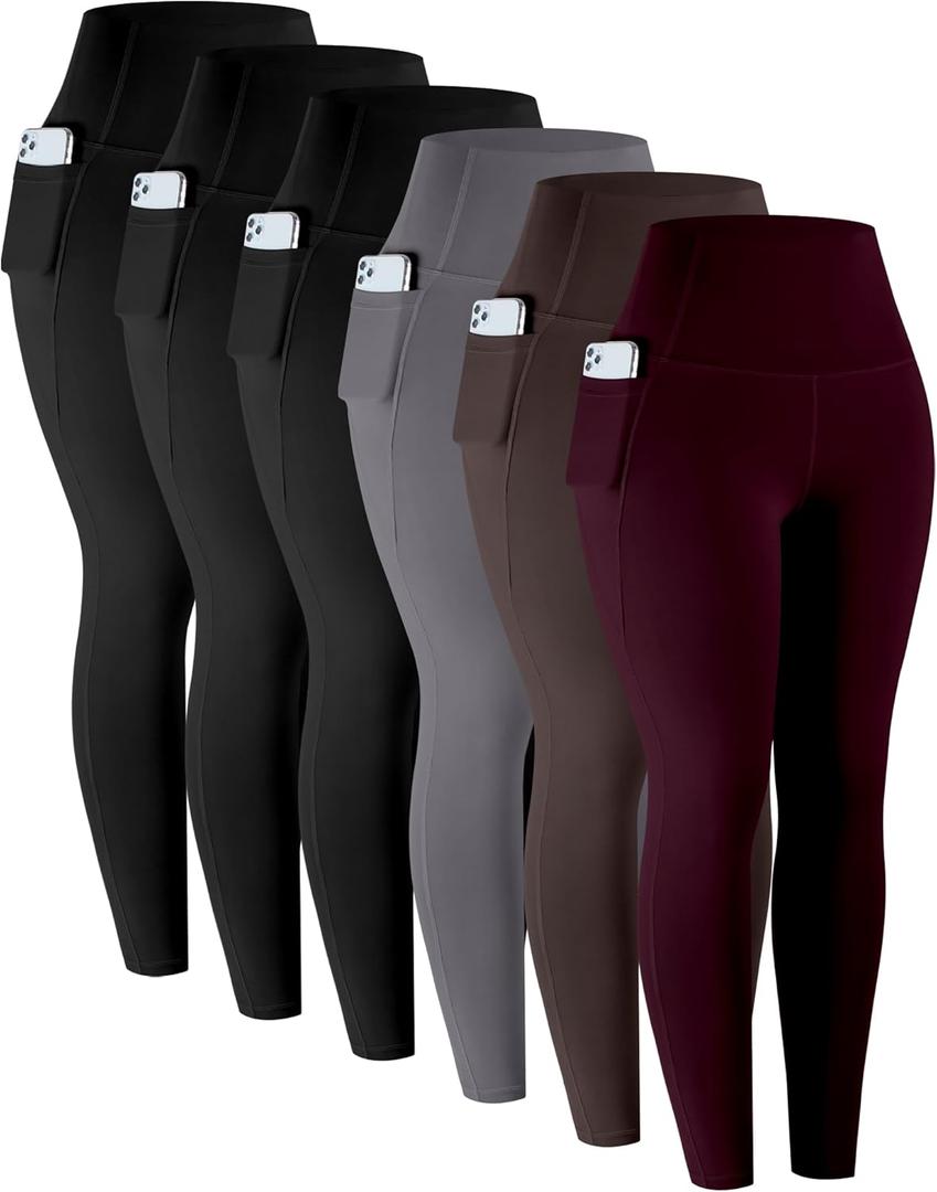 LZYVOO Leggings with Pockets for Women, 6 Packs Soft High Waisted Tummy Control Workout Yoga Pants (Medium, 6 Packs - Black, Gray, Brown, Cassis)