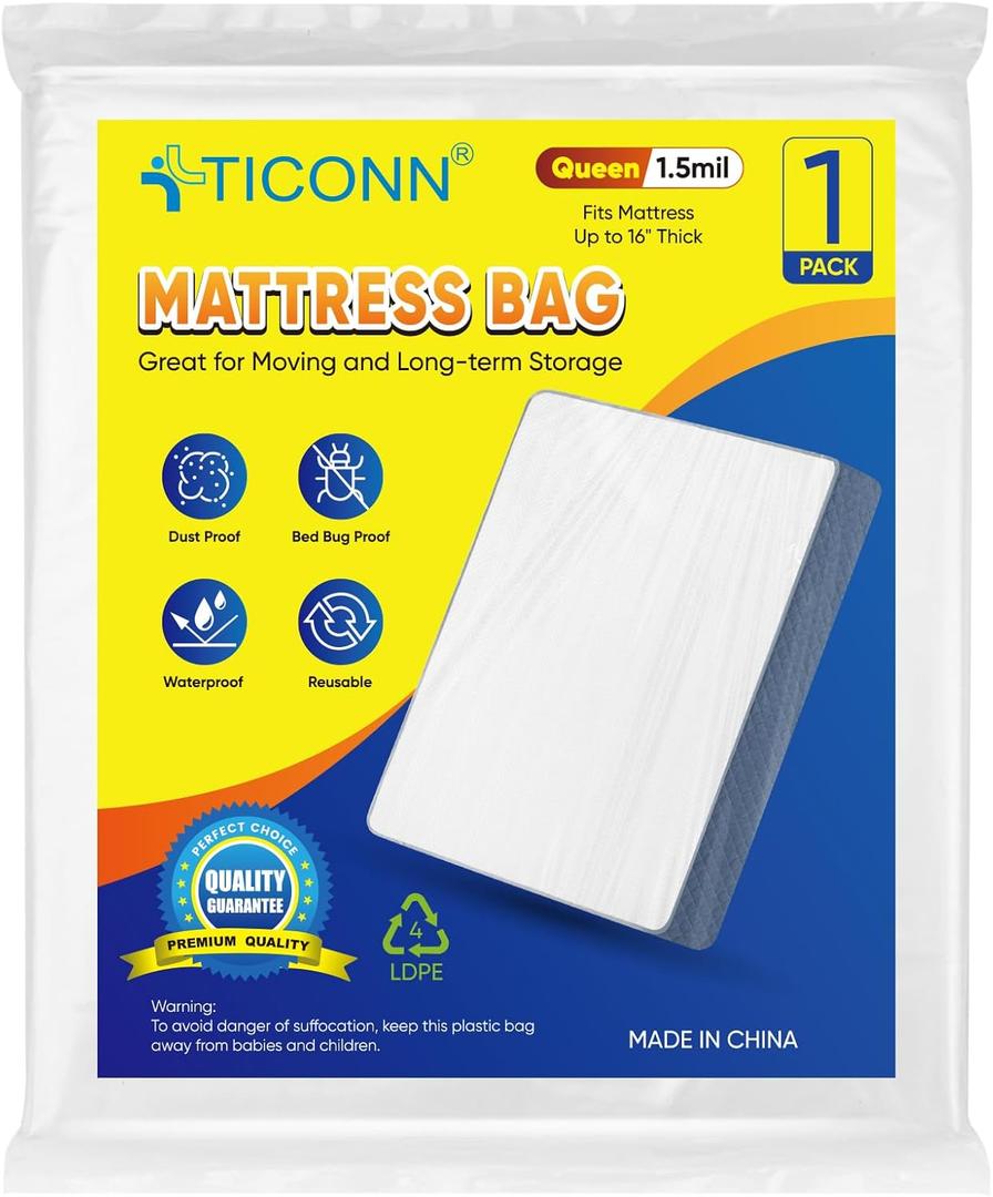 TICONN 1PK Plastic Mattress Bag for Moving Storage, Waterproof Mattress Protector Cover, Heavy-Duty Mattress Moving Supplies (1.5 mil, Queen)