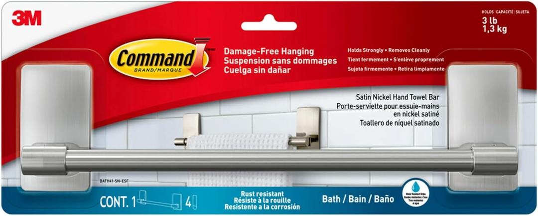 Command Hand Towel Bar Satin Nickel with 4 Water Resistant Command Strips, 9" Hand Towel Holder, Holds up to 3 lb, Great for Bathroom Dcor on The Wall, Inside The Cabinet, or in The Shower (1)