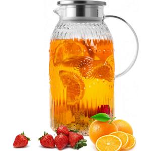 Bandesun Vintage Glass Pitcher with Lid, Heat Resistant Borosilicate Water Jug, 68 oz/ 2 Liter Water Pitcher with Handle and Spout for Fridge, Carafe for Hot/Cold Coffee, Tea,Beverage 1Pack