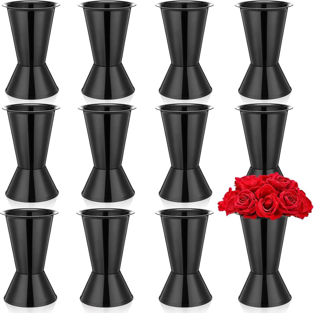 12 Pack Plastic Flower Bucket 11.8 Inch Tall Vase Bucket Cone Vase with Base for Cut Flower Multipurpose Buckets for Flower Bouquet Holder Centerpieces Decorations for Home Wedding (Black)