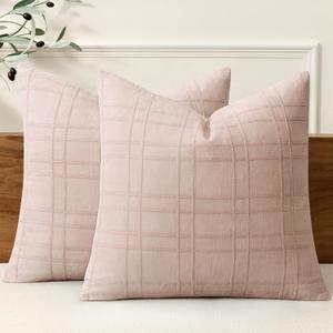 MIULEE Decorative Linen Check Throw Pillow Covers Neutral Farmhouse Vintage Spring Valentine Spring Pillow Covers 20x20 Set of 2 Boho Modern Home Decor for Sofa Couch Bedroom Cushion Light Pink