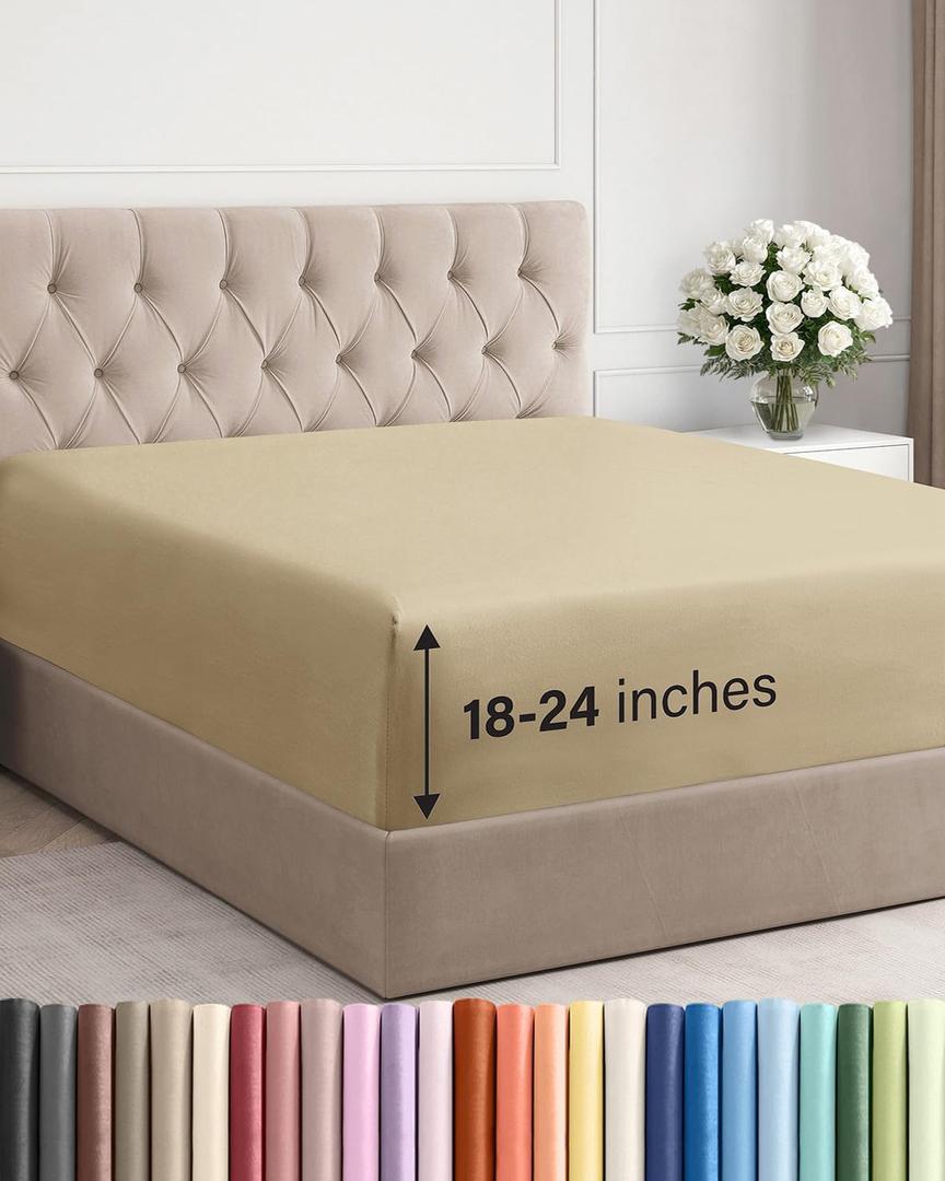 Extra Deep King Fitted Sheet - Hotel Luxury Single Fitted Sheet Only - Easily Fits 18 inch to 24 inch Mattress - Ultra Soft, Wrinkle Free w/Extra Deep Pockets - Easy-Care, Breathable & Comfy - Beige