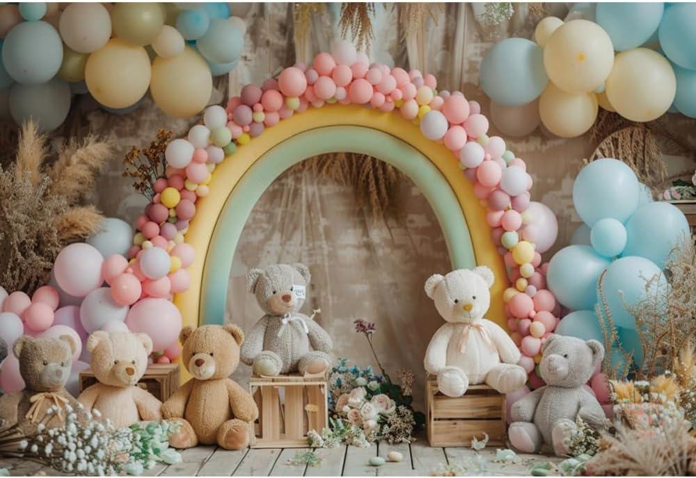 YongFoto Balloons Arch Backdrop 7x5ft Bear Pampas Flowers Photography Background Baby Shower Sweet Girl Half 1st First One Two Year Old Birthday Party Banner Portraits Photoshoot Wallpaper Props