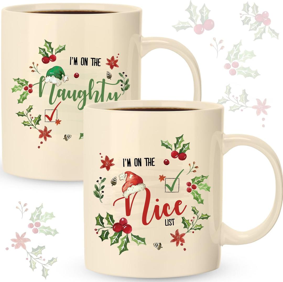 Sliner 11 oz Christmas Ceramic Coffee Mugs Set of 2 Naughty Nice Coffee Cup Funny Gift Cute Festive Ceramic Tea Cup Xmas Holiday Birthday Gifts for Men Women