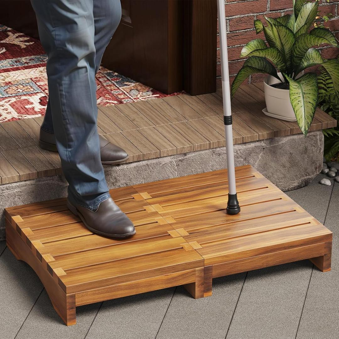 Wooden Platform Step Stool, 3.5" Height Acacia Wood Steps for Outdoor Use, Non-Slip Prefab Porch Steps for Outside, One Step Bed Platform for Adults and Elderly