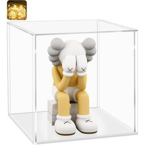 LANSCOERY Acrylic Display Case, 8x6x8 in, Upgraded Thickened UV-Resistant Showcase, 98% Clarity Dustproof Box with Glossy White Base for Action Figures, LEGO & Models, Includes Scraper & LED Light