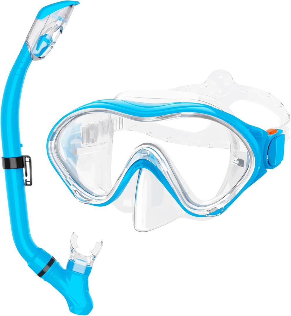 Snorkeling Gear for Kids with Foldable Silicone Full Dry Snorkel, Kids Snorkel Set Anti Leak Youth Junior Snorkeling Package Diving Mask Soft Tube with Mesh Bag Scuba Swimming Goggles (Light Blue)