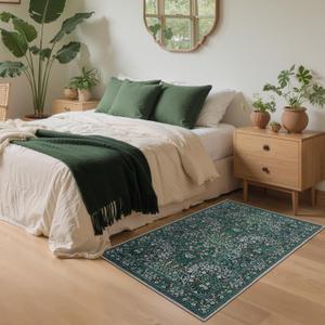 GarveeHome Floral Washable 2x3 Rug Green Non Slip Boho Bathroom Rug, Soft Small Area Rug Indoor Door Mat Botanical Throw Rugs for Entryway Bedroom, Dark Green