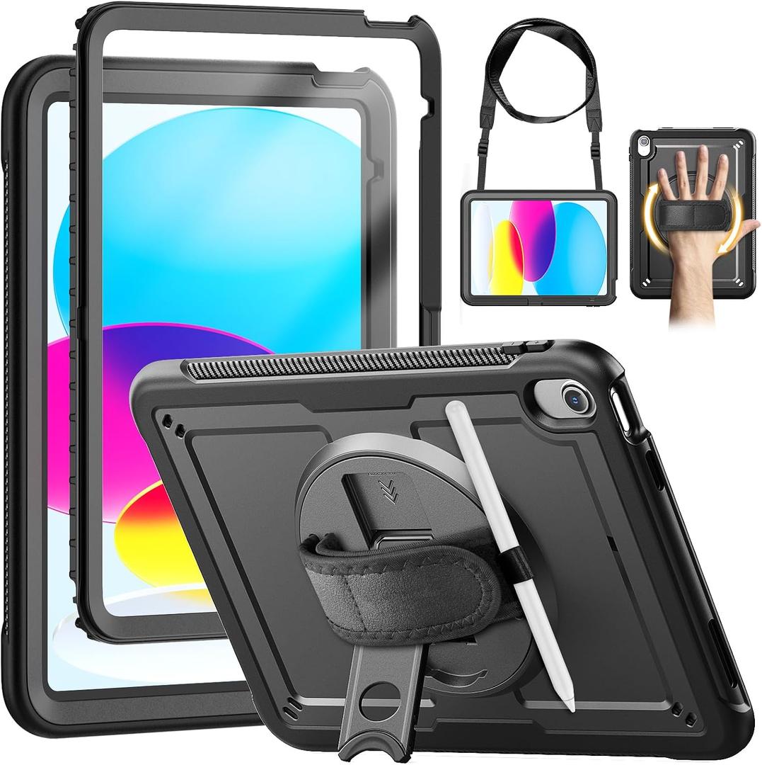 KAIJIAbox Case for iPad (A16) 11th/10th Generation 2025/2022 (11" /10.9 Inch), Full-Body Shockproof Protective Case with Screen Protector, 360 Rotating Hand Strap & Stand, Shoulder Strap, Black
