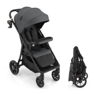 Gromast Baby Stroller with Detachable Snack Tray, Oversized Seat for Newborn to 4 Years, One-Hand Fold Travel Stroller w/Big Wheels, Adjustable Backrest, UPF 50+ Canopy & Cup Holder - Gray