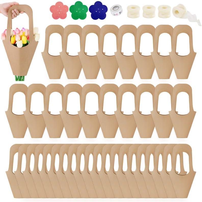 50 Pcs Kraft Paper Flowers Gift Bags with Handle, Bouquet Bags Hanging with Ribbon Sticker Rose Thorn Remover, Cone Floral Wrapping Paper Bag for Wedding Graduation Party Florist (Kraft Paper)