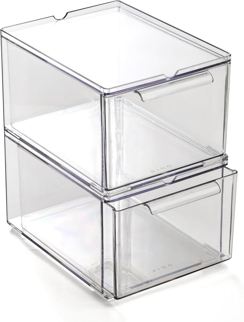 BINO | Clear Stackable Storage Drawers, Medium - 2 Pack | Clear Storage Drawers with Built-In Handles | Durable Plastic Organizer Drawer | Modular Stackable Drawer Acrylic Organizer