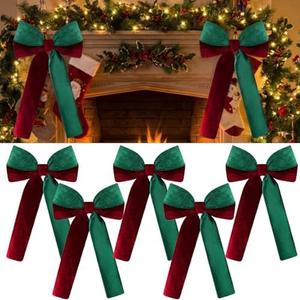 Soulchen 8 Pcs Large Velvet Bows for Mantle Decoration 13 x 21.7 Christmas Red Green Bows Fluffy Elegant Wreath for Staircase Home Xmas Tree Indoor Outdoor Fireplace Mantle Holiday Party Decorations