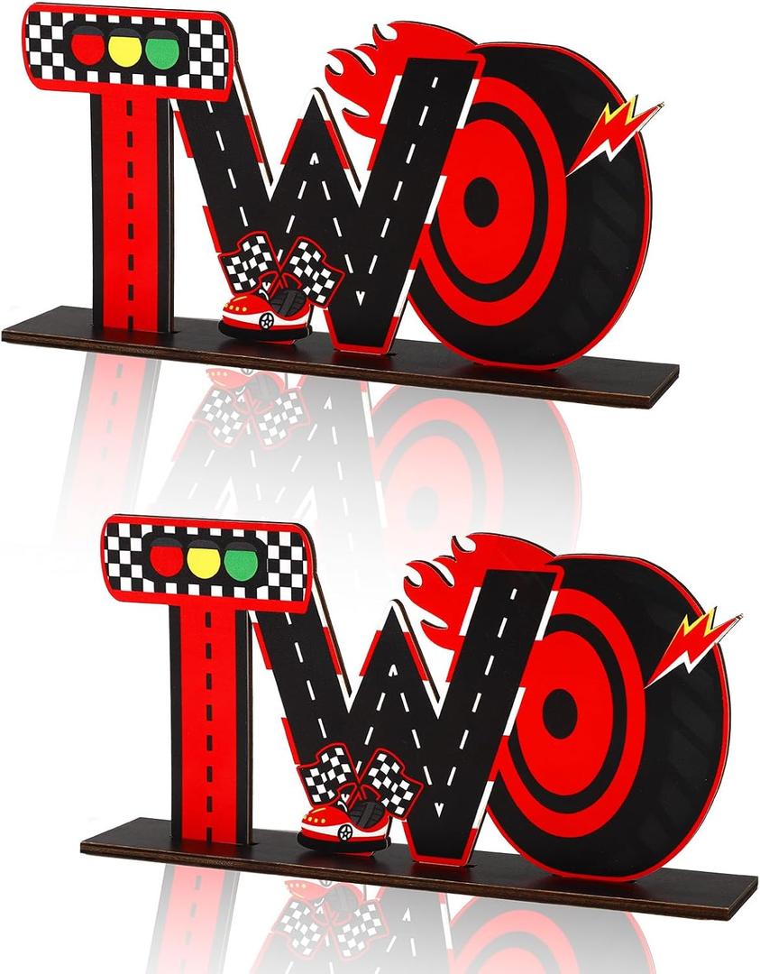 2pcs Race Car Theme 2nd Birthday Table Centerpiece, Car Theme Party Sign Decorations Wooden Table Decor for Boys Two Birthday Celebration Photo Props Party Supplies