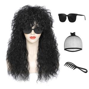 Adequate Womens 80s Rocker Mullet Wig Halloween Costume Wig Long Curly Black Party Funny Wig (Black)