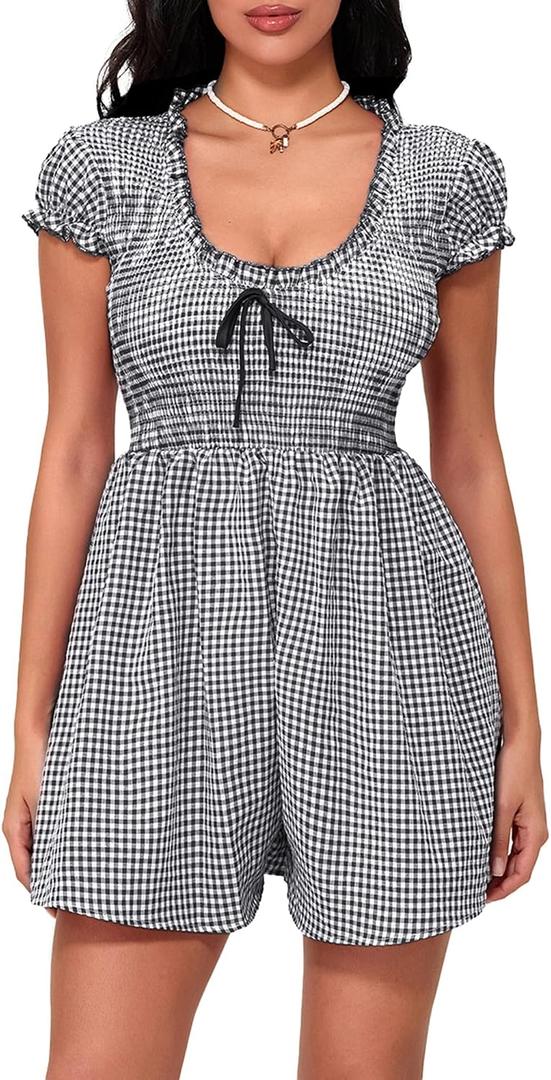 Women's Summer Y2k Plaid Mini Dress Short Sleeve Deep V Neck Smocked Waist Casual Romper Dress (S)