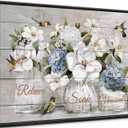 Framed Bathroom Floral Wall Art Farmhouse Bathroom Wall Decor Rustic Hummingbird Flowers Picture Wall Decor Relaxing Soaking Canvas Prints for Bathroom painting 24x16 inch (Hydrangea)
