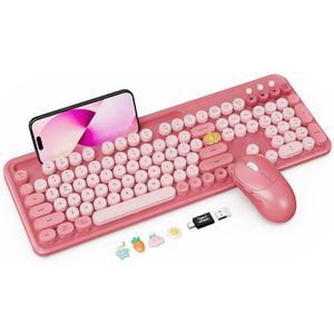 Wireless Keyboard and Mouse Combo, Cute Full-Size Typewriter-Style Keyboard, Retro Round Keycaps, Phone/Tablet Holder, 3-Level DPI Mouse, 2.4GHz Cordless for Mac Windows PC Laptop, Trueque CK13, Rose