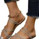 OYOANGLE Women's Rhinestone Strappy Open Toe Slide Sandals Slip on Casual Flat Sandals, Size 8.5