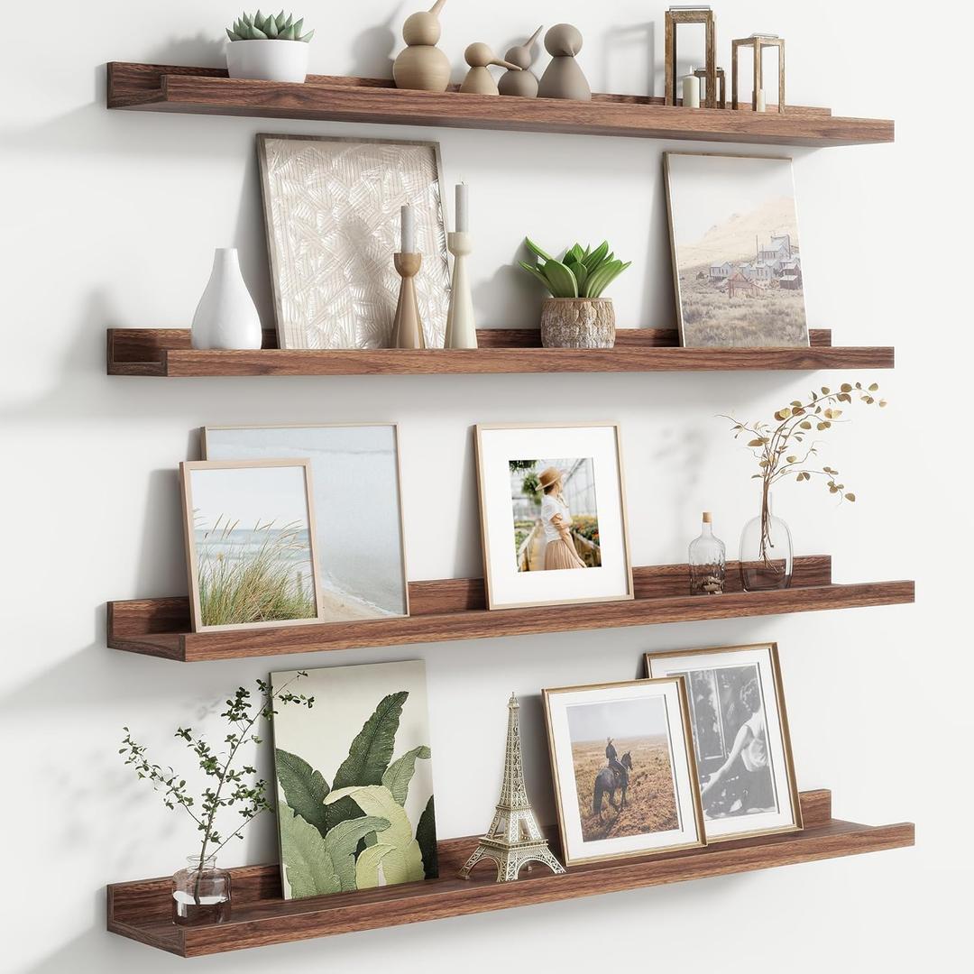 Floating Picture Ledge Shelves for Wall Set of 4, 36 Inch Wall Shelves with Lip Long Large Nursery Book Shelf for Toys Storage Kids Bookshelf Wall Mounted Living Room Bedroom Decor Frames (Walnut)
