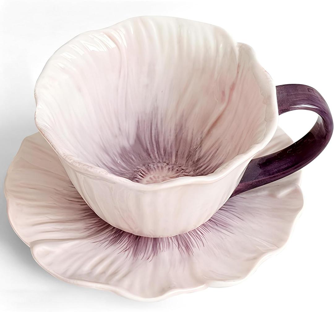 JUSONEY 10 oz Tea Cups and Saucers, Ceramic Flower-shaped Cappuccino Cup, Latte Cup and Saucer set, elegant floral Espresso Cup set, cups are microwave and dishwasher safe-Purple