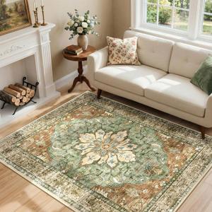 Area Rugs 4'x6' Washable Non-Slip, Floral Vintage Distress Print Pattern Medallion Carpet for Living Room Bedroom Dining Room, Brick Red Rust Neutral Brown Burnt Orange Green