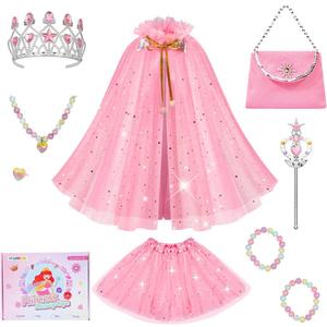 Meland Princess Dress up Clothes for Girl, Princess Cape with Kid Crown Toys, Birthday Gifts for Toddler Girls 3,4,5,6,7,8 (Pink)