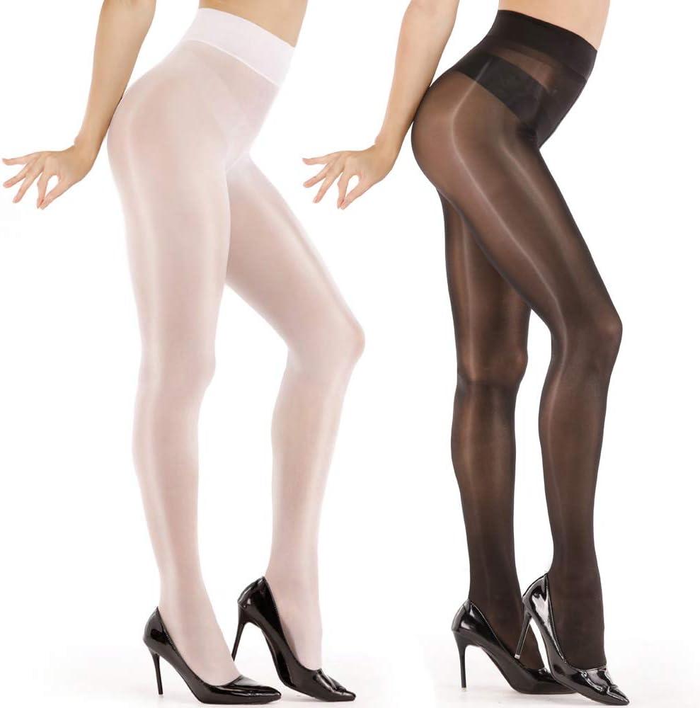 ARRUSA Women's Super Sexy Shiny Sheer Control Top Footed Tights Silk Stockings Ultra Shimmery High Waist Pantyhose (One Size, Black&white)