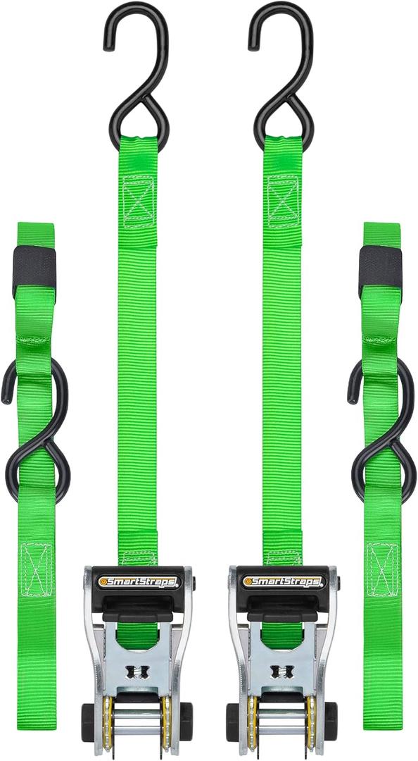 SMARTSTRAPS 10-Foot Ratchet Straps, Green (2pk)  1,500 lbs Break Strength 500 lbs Safe Work Load Tie-Downs Designed for Light-Duty Transport Safely Haul Your Light Equipment Dirt Bikes ATVs and More
