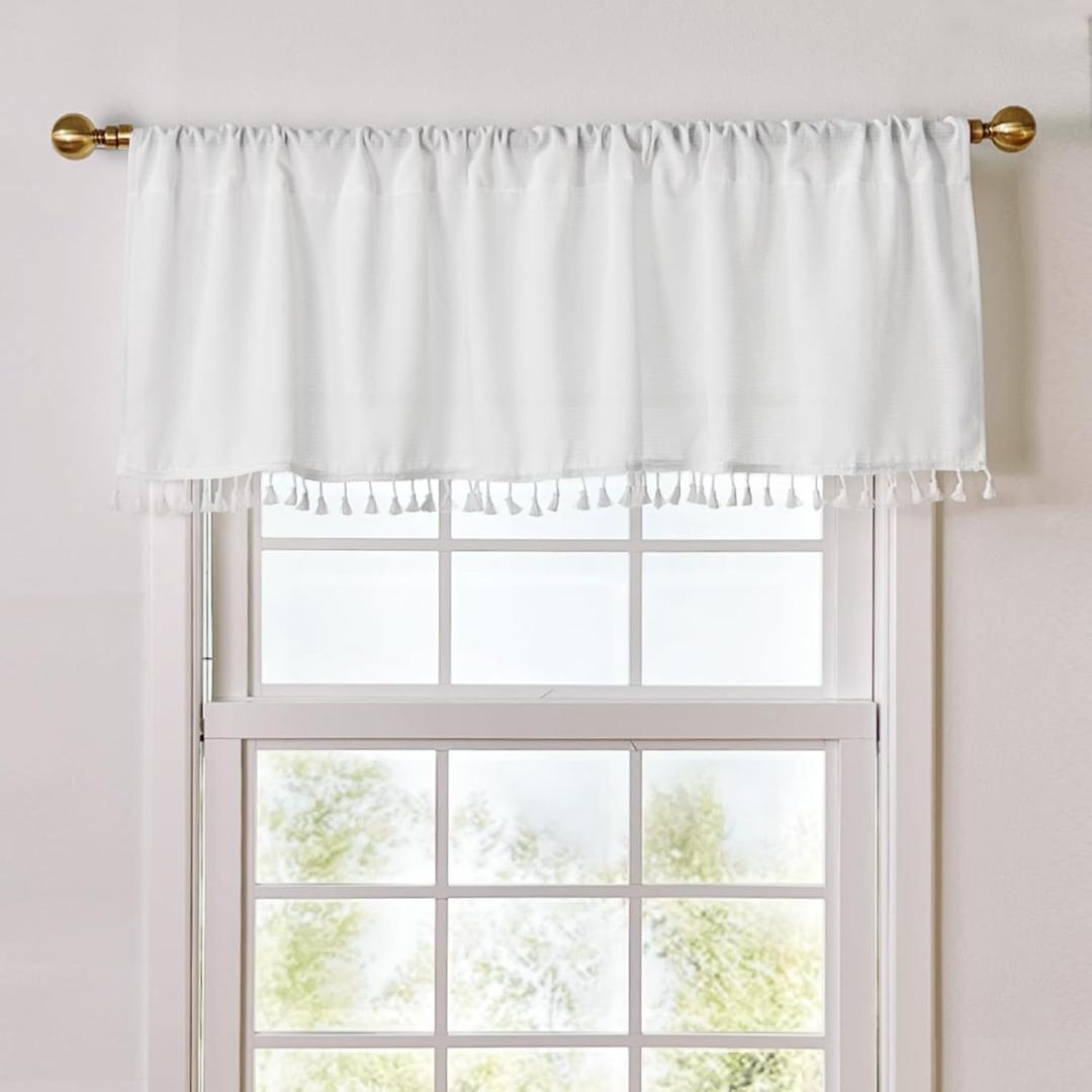 2 Pack Boho Tassel White Valances for Windows Semi Sheer Kitchen Valance Bedroom Bathroom Small Window Cafe Curtains, 54x15 inches