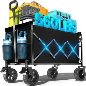 Wagons Carts Foldable, Beach Wagon with Brakes & All-Terrain Wheels 560LBS Capacity Collapsible Wagon for Trips, Outdoor Camping, Sports & Garden Use  Black (Blue)